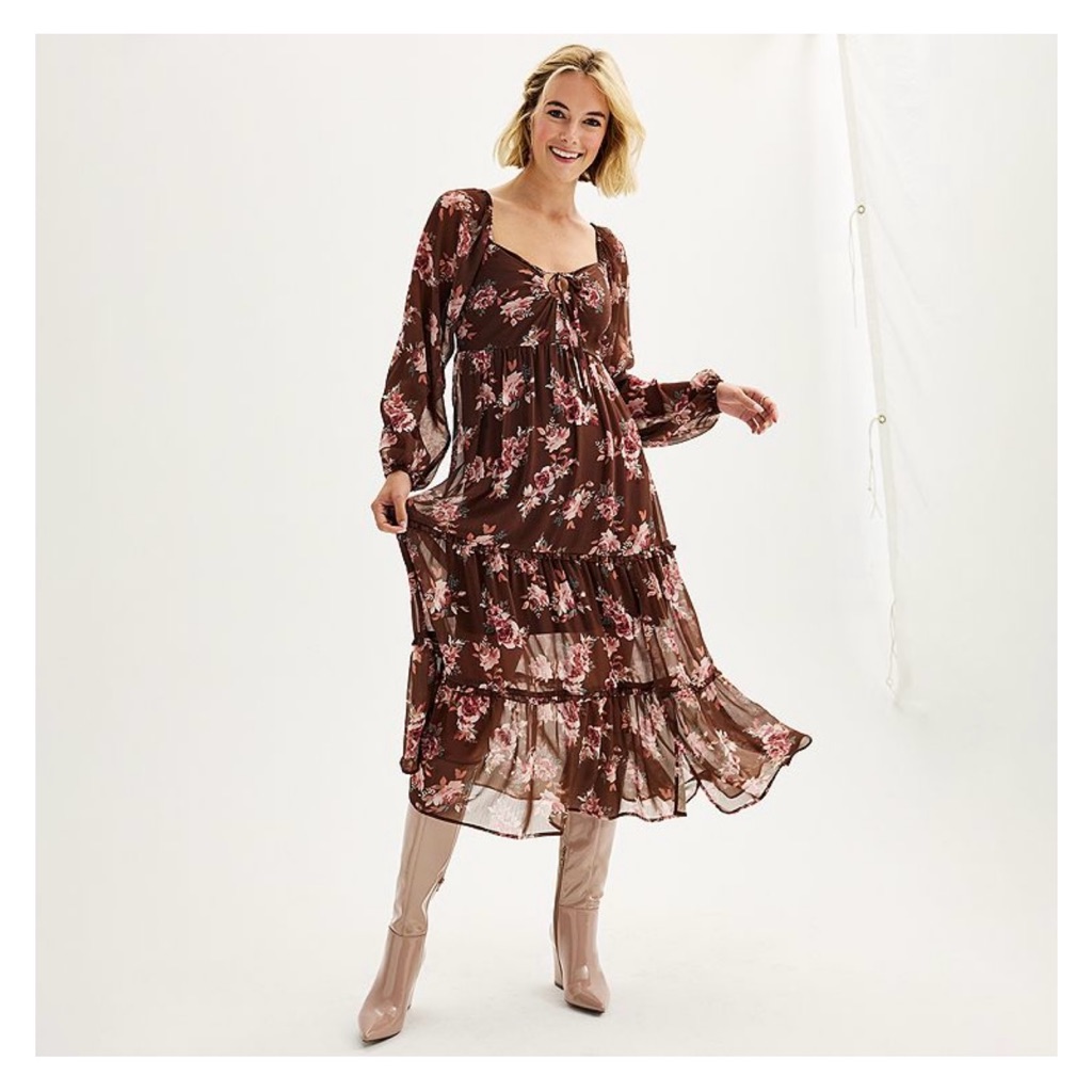 Juniors Rewind Pink And Brown Floral Keyhole Maxi Dress